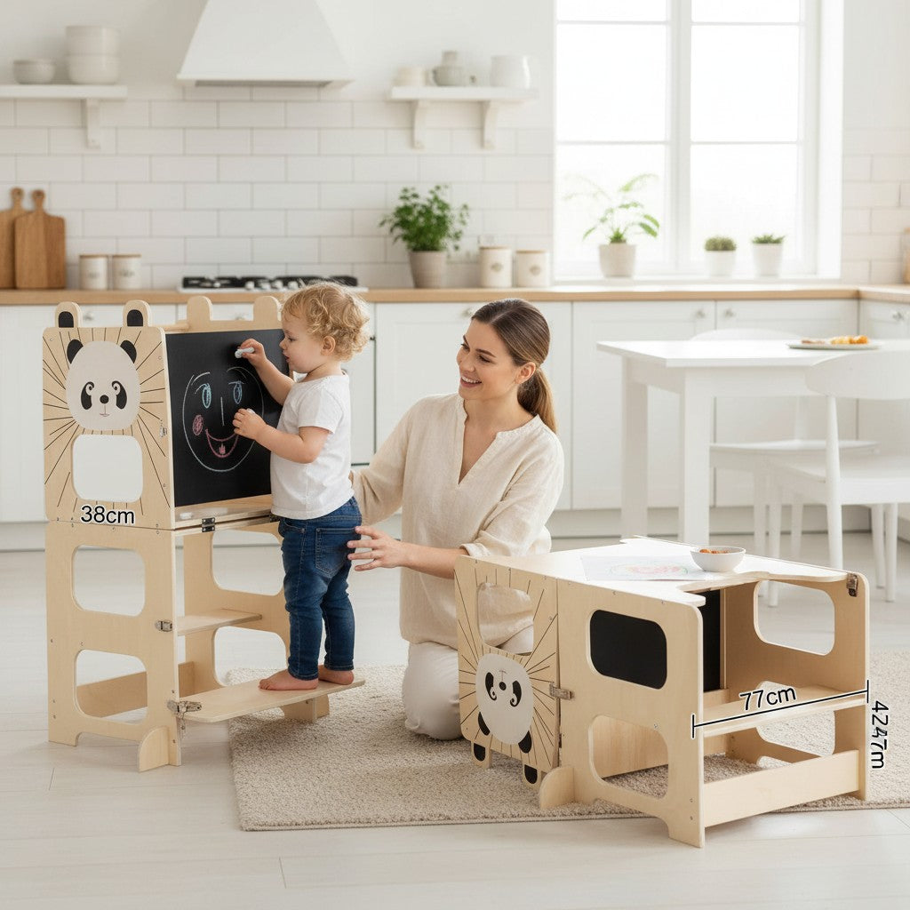Adjustable Wooden Montessori Learning Tower with Blackboard