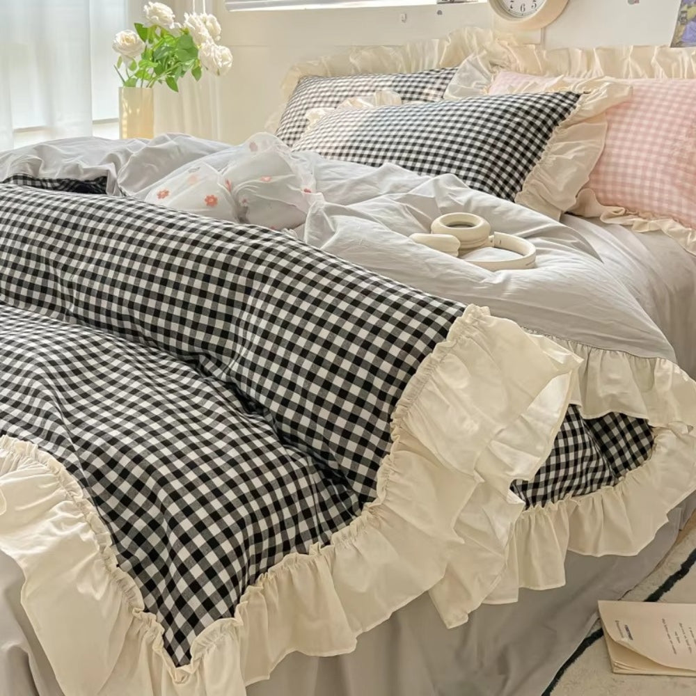 Gingham Check Ruffled Bedding Set - Cozy Farmhouse Style Bed Set