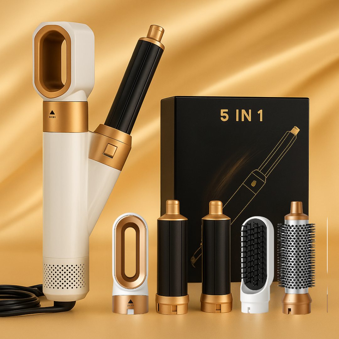 5-in-1-Heißluft-Haarstyler – Set mit Haartrockner, Lockenstab, Volumenstyler und Glättaufsatz