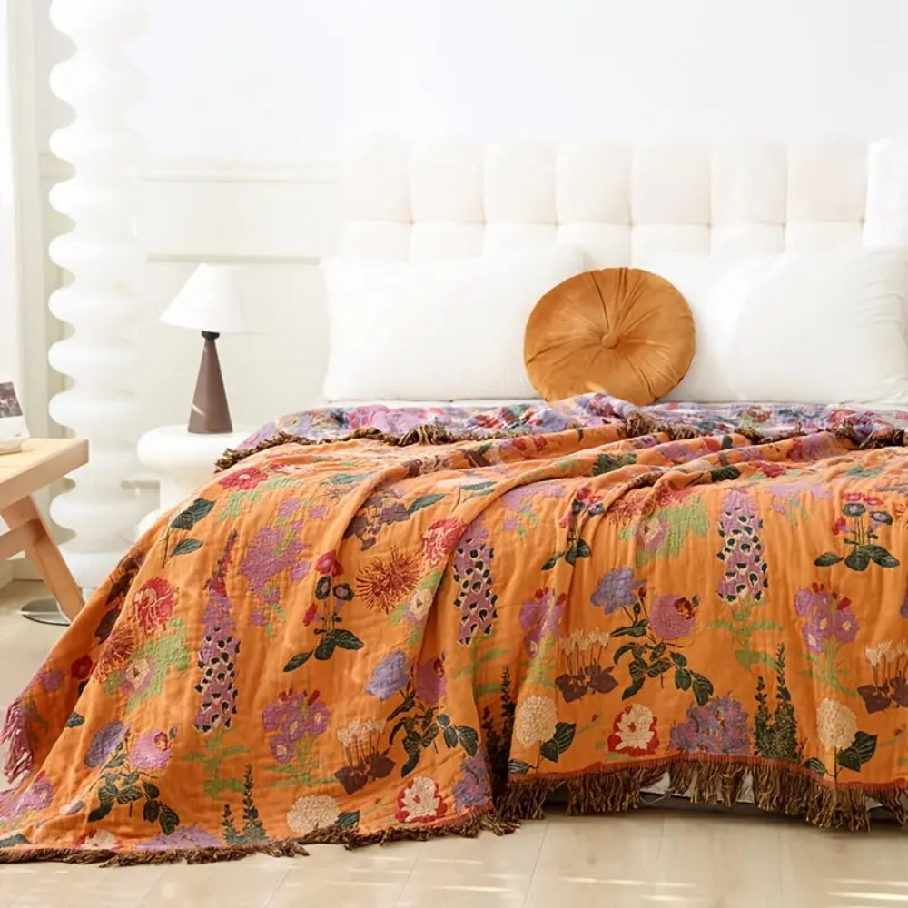 Floral Cotton Throw Blanket with Tassels - Boho Home Decor