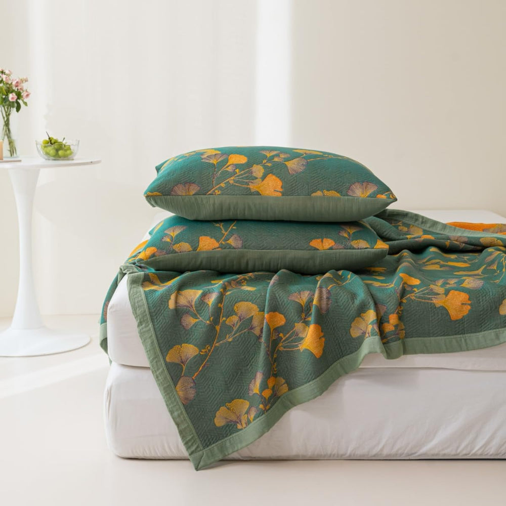 Ensemble de couvre-lit réversible feuilles de ginkgo floral - Couvre-lit et édredon doux