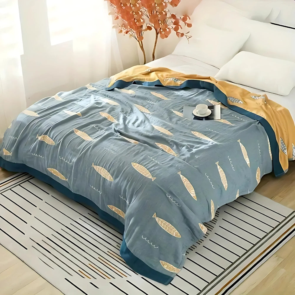 Reversible Cotton Gauze Blanket for Baby - Golden Fish Design