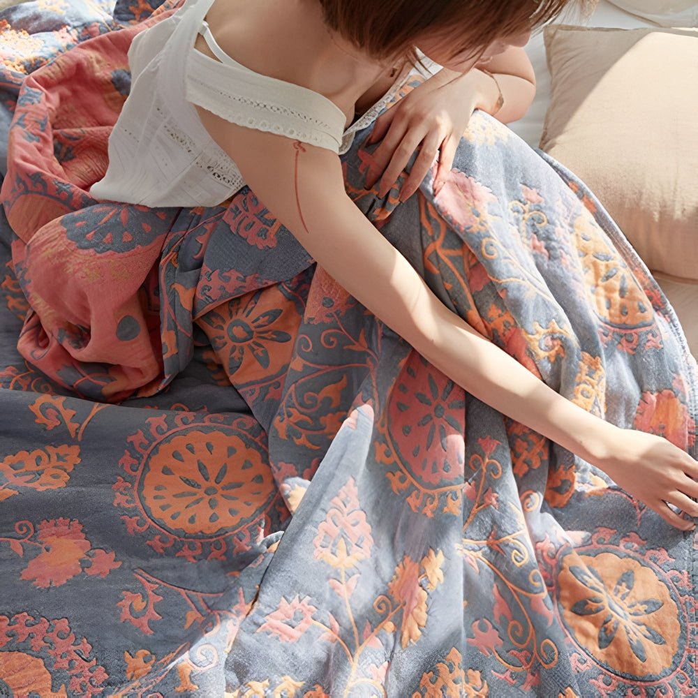 Reversible Floral Cotton Blanket - Cozy Rustic Throw for Home Decor