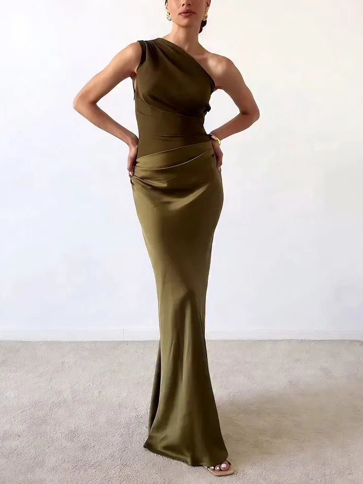 Anita™ | Refined One Shoulder Neck Pleated Party Maxi Dress