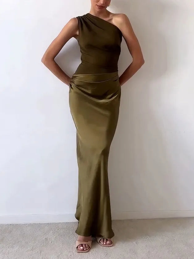 Anita™ | Refined One Shoulder Neck Pleated Party Maxi Dress