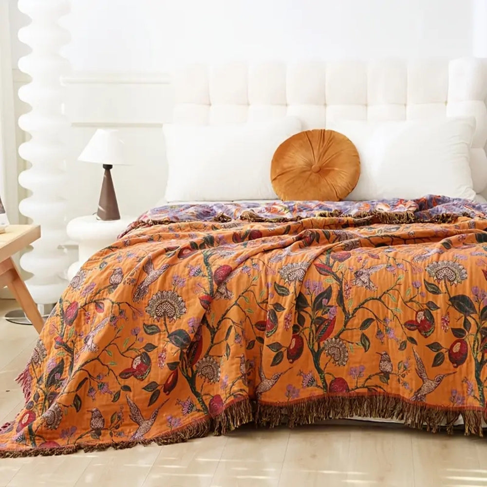 Floral Cotton Throw Blanket with Tassels - Boho Home Decor