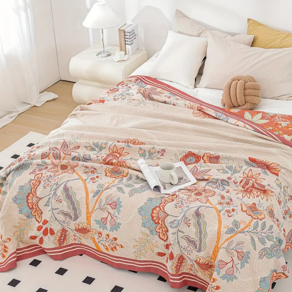 Reversible Cotton Throw Blanket - Vineyard Blossom Design for Cozy Living