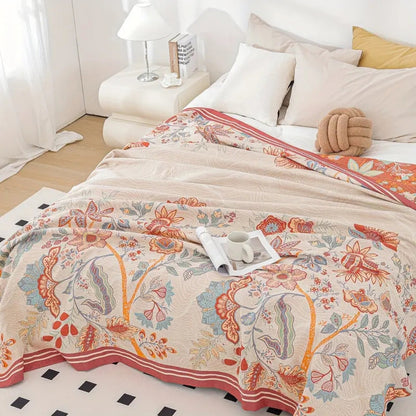 Reversible Cotton Throw Blanket - Vineyard Blossom Design for Cozy Living