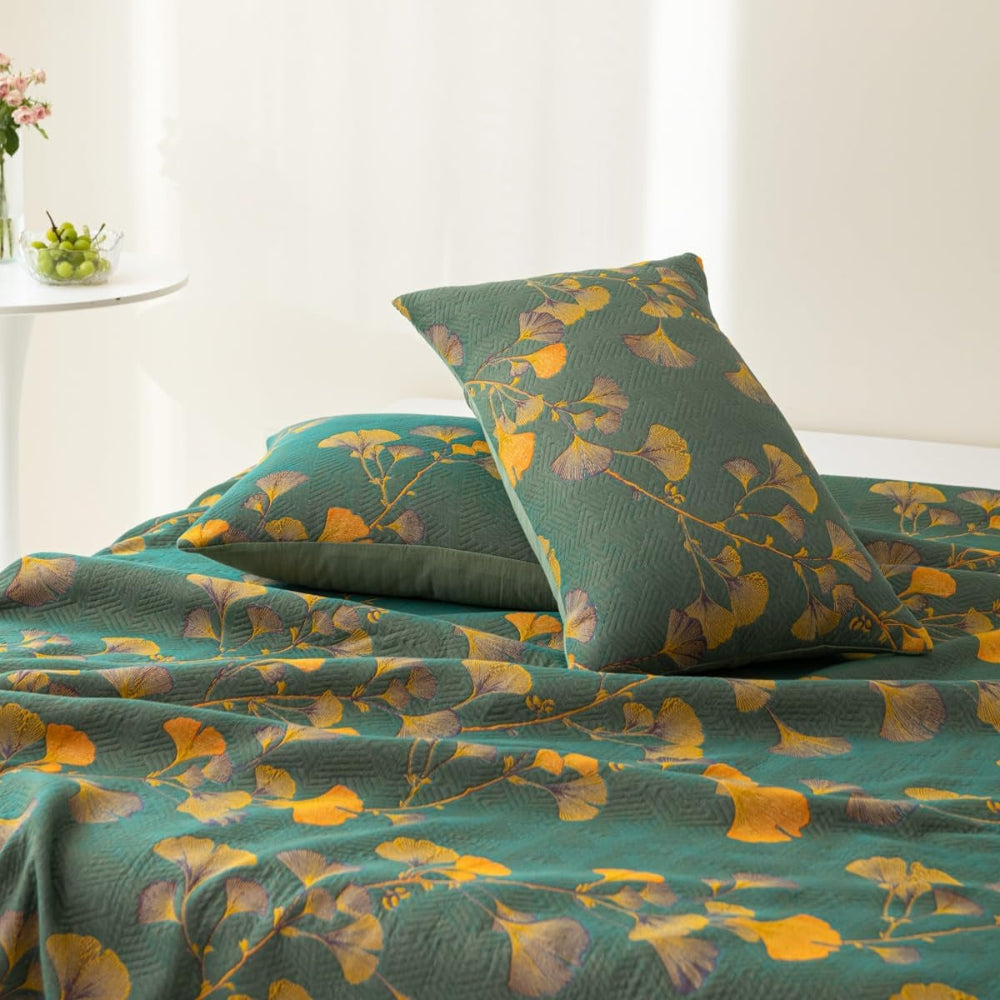 Ensemble de couvre-lit réversible feuilles de ginkgo floral - Couvre-lit et édredon doux