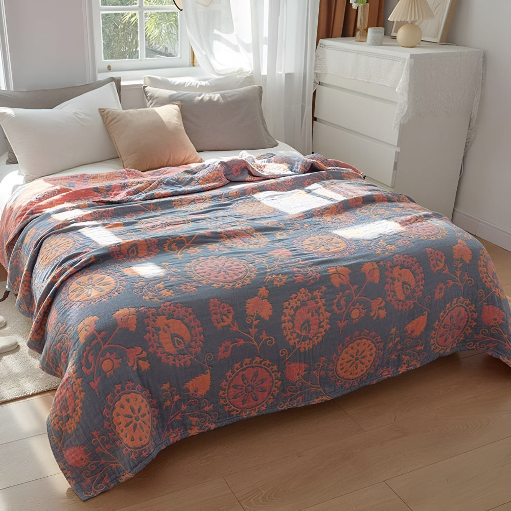 Reversible Floral Cotton Blanket - Cozy Rustic Throw for Home Decor