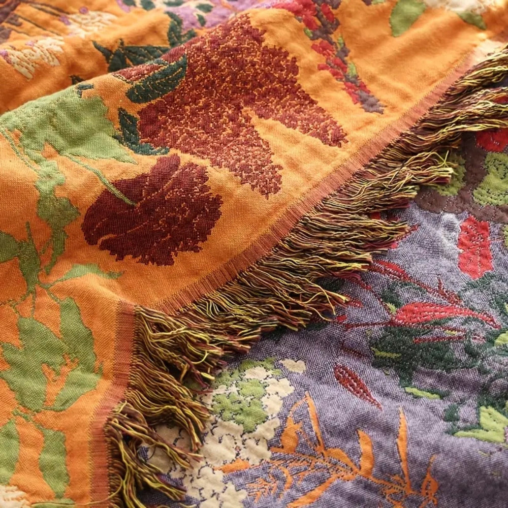 Floral Cotton Throw Blanket with Tassels - Boho Home Decor