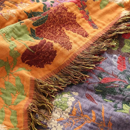 Floral Cotton Throw Blanket with Tassels - Boho Home Decor
