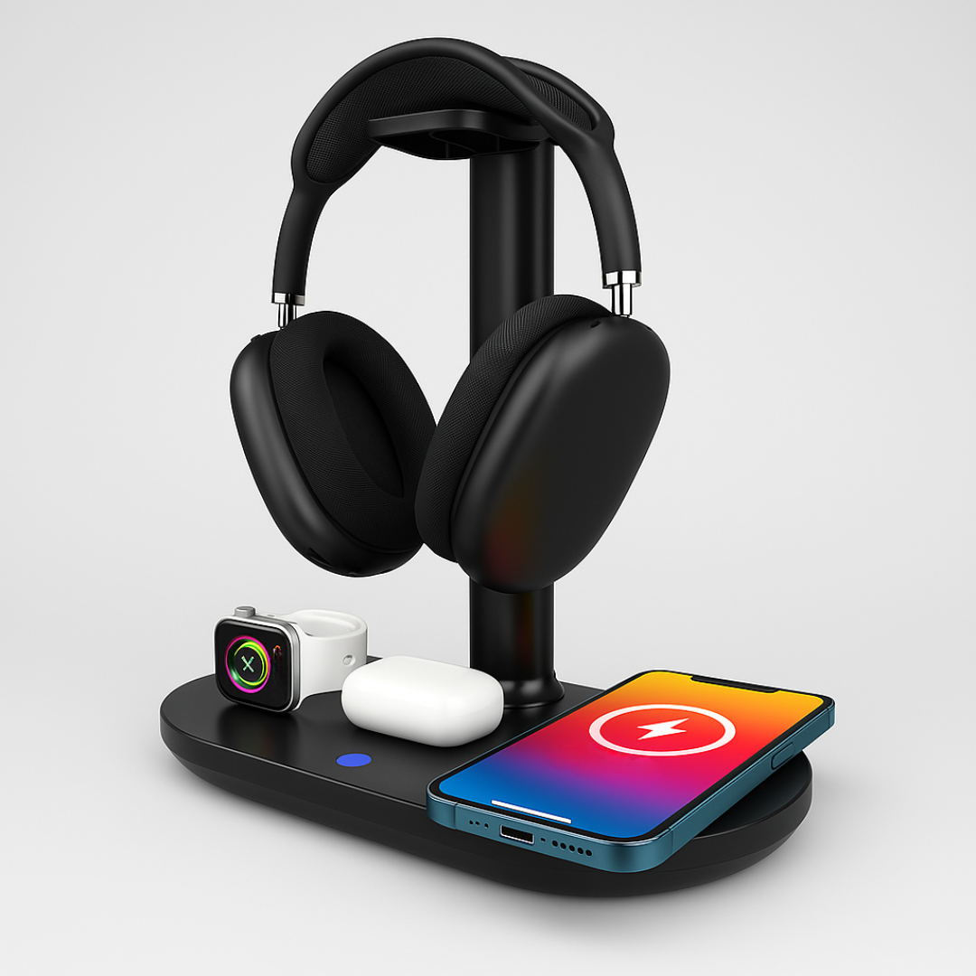 4 - in - 1 Wireless Charging Station Featuring Headphone Stand - Multi - Device Desk Charger