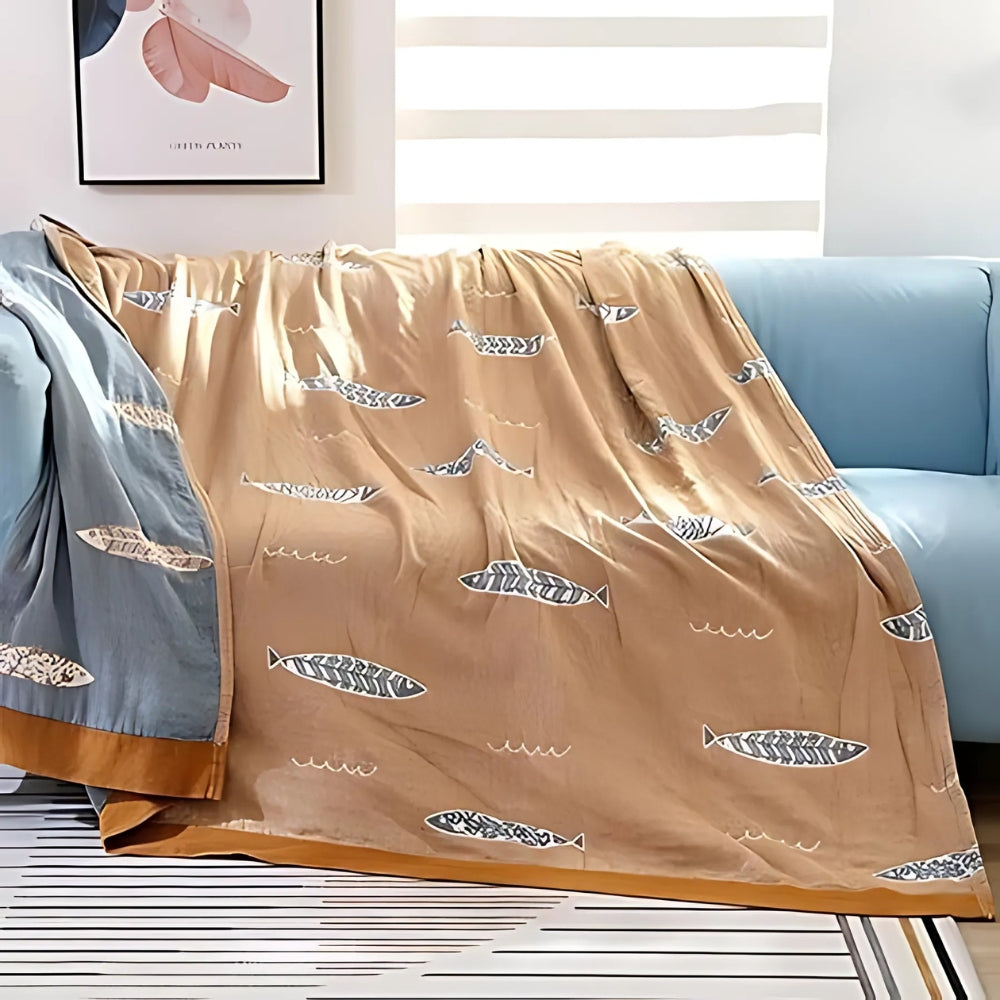 Reversible Cotton Gauze Blanket for Baby - Golden Fish Design