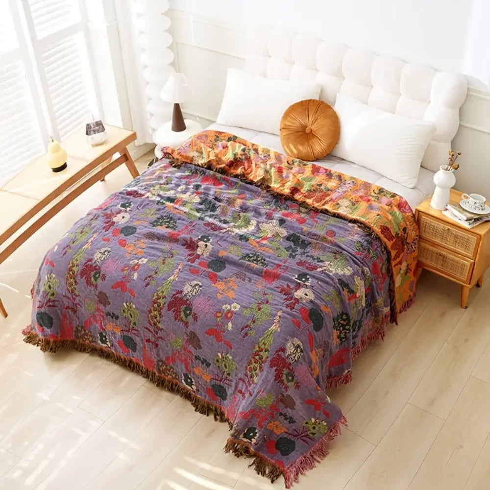 Floral Cotton Throw Blanket with Tassels - Boho Home Decor