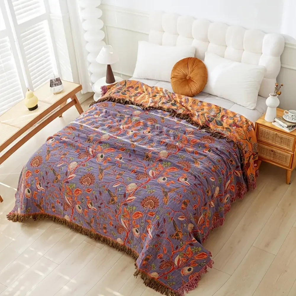 Floral Cotton Throw Blanket with Tassels - Boho Home Decor