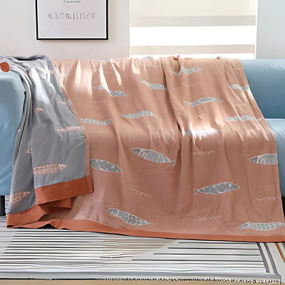 Reversible Cotton Gauze Blanket for Baby - Golden Fish Design