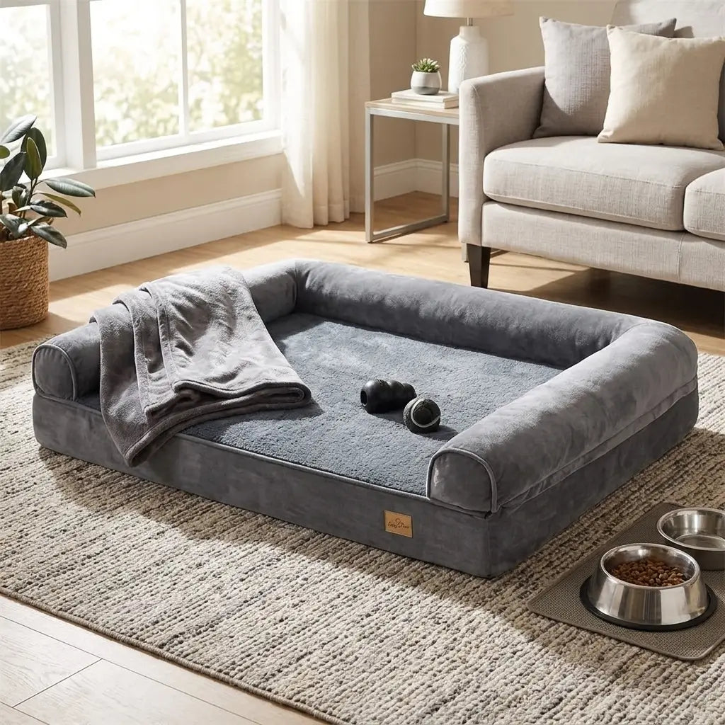 Großes Hundebett aus Memory-Schaum mit wasserdichtem Innenfutter und Seitenpolstern