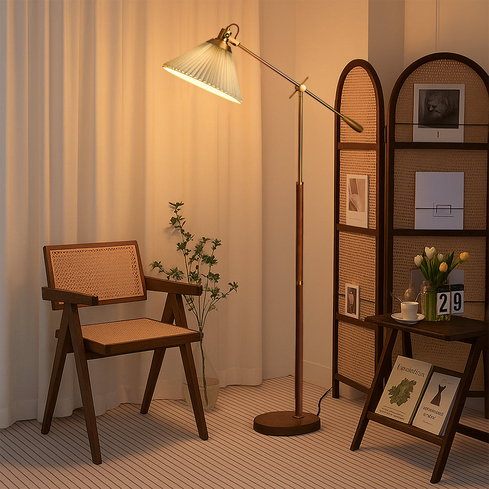 Adjustable Brass Floor Lamp with Wood Base & Pleated Shade for Living Room