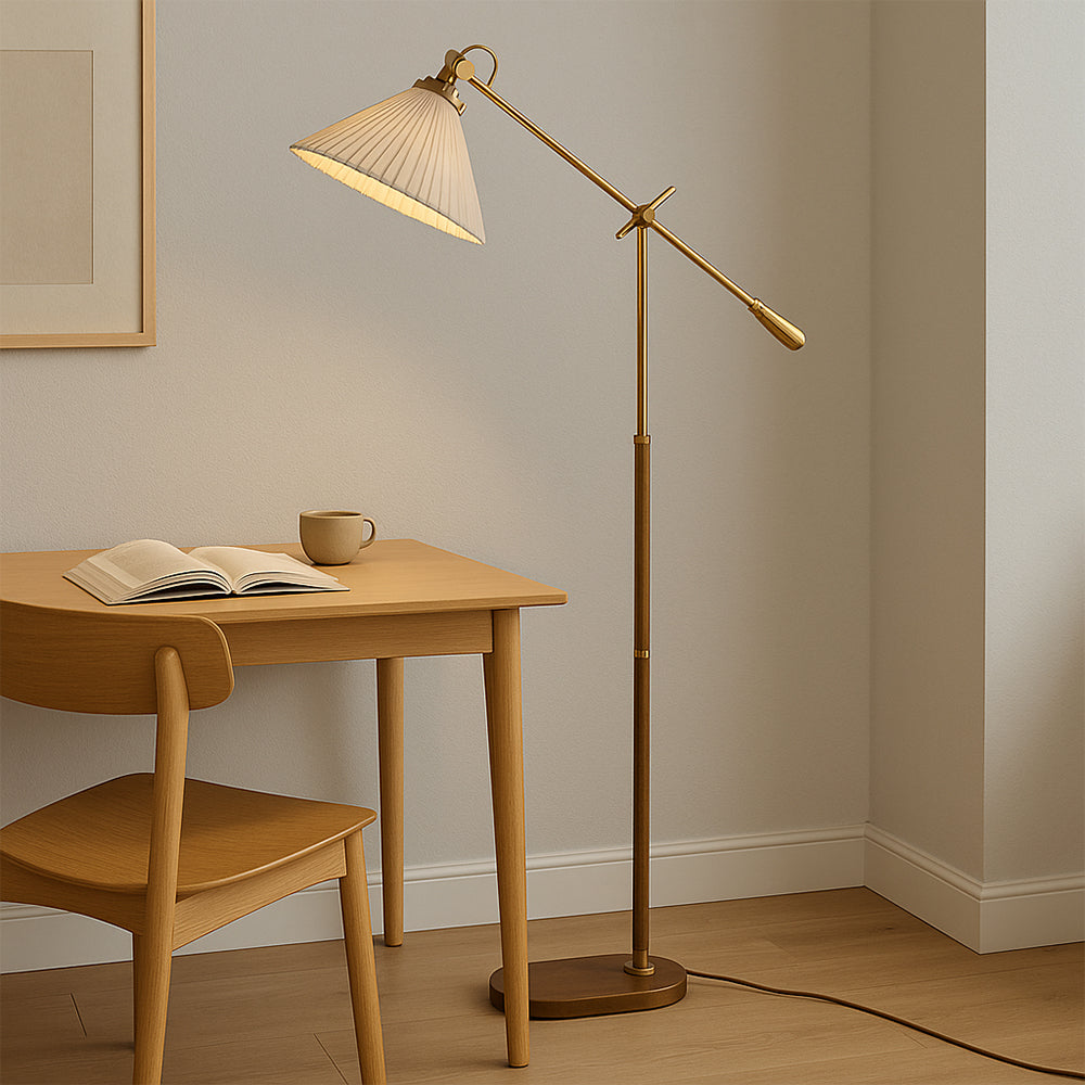 Adjustable Brass Floor Lamp with Wood Base & Pleated Shade for Living Room