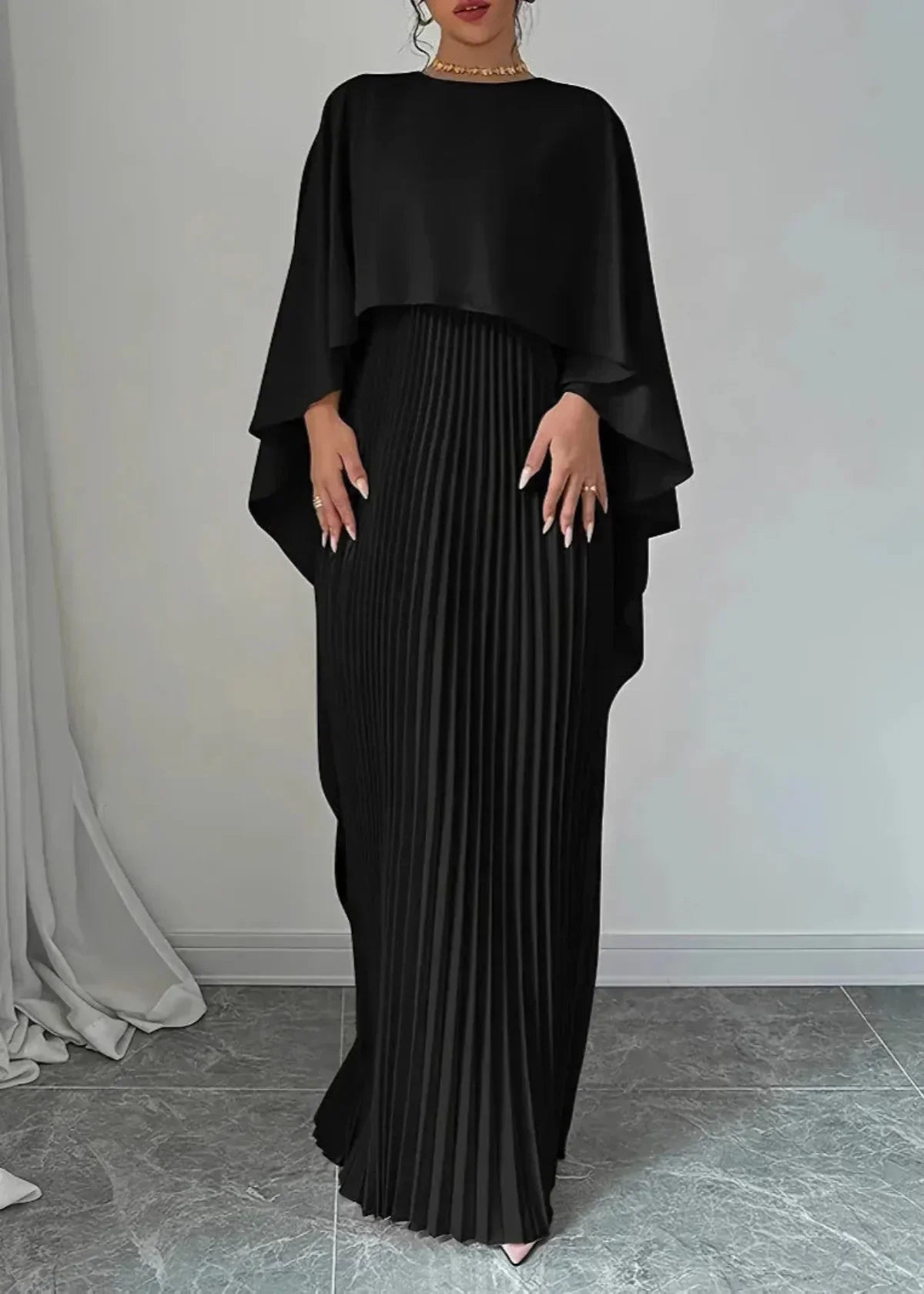 Women’s Pleated Cape Overlay Maxi Dress Refined Evening Wear