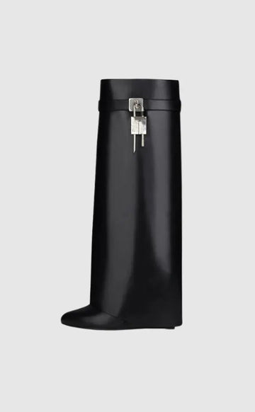 Contemporary Wedge Boots | Black Vegan Leather With Lock Detail