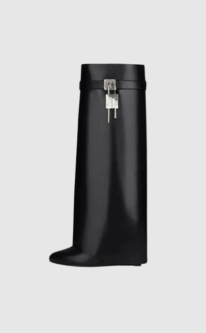 Contemporary Wedge Boots | Black Vegan Leather With Lock Detail