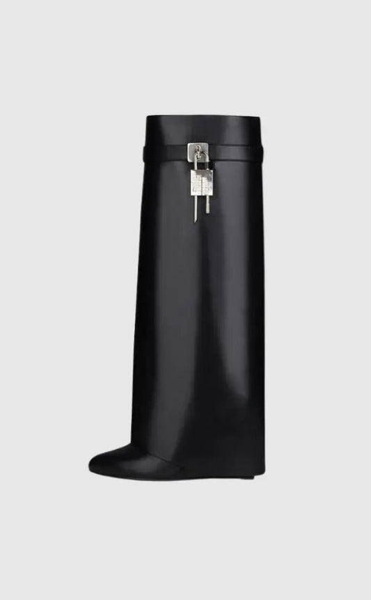 Contemporary Wedge Boots | Black Vegan Leather With Lock Detail