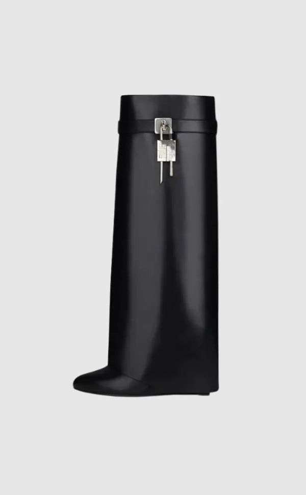 Contemporary Wedge Boots | Black Vegan Leather With Lock Detail