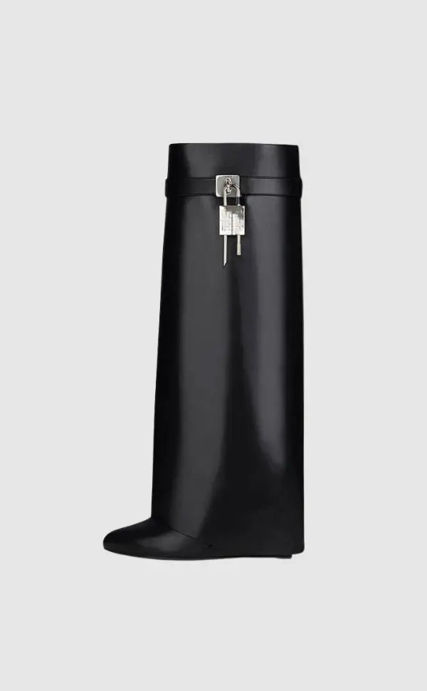 Contemporary Wedge Boots | Black Vegan Leather With Lock Detail