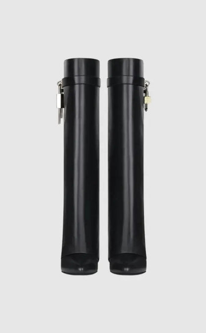 Contemporary Wedge Boots | Black Vegan Leather With Lock Detail