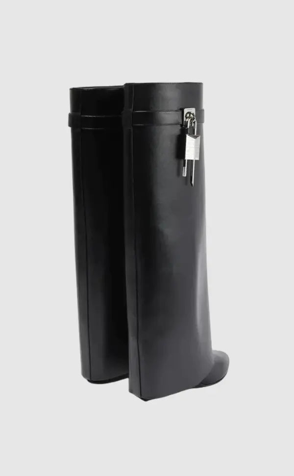 Contemporary Wedge Boots | Black Vegan Leather With Lock Detail