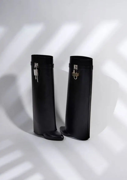 Contemporary Wedge Boots | Black Vegan Leather With Lock Detail