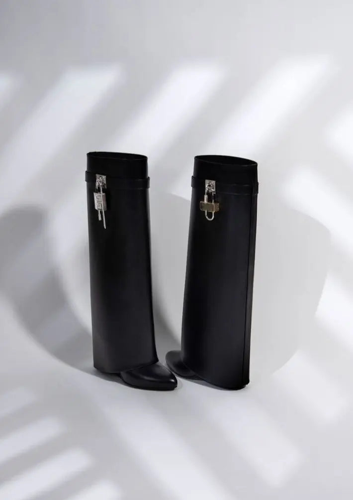 Contemporary Wedge Boots | Black Vegan Leather With Lock Detail