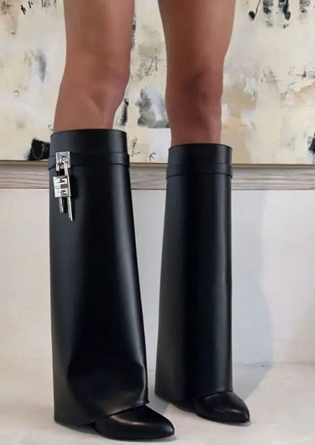 Contemporary Wedge Boots | Black Vegan Leather With Lock Detail
