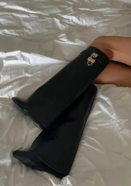Contemporary Wedge Boots | Black Vegan Leather With Lock Detail