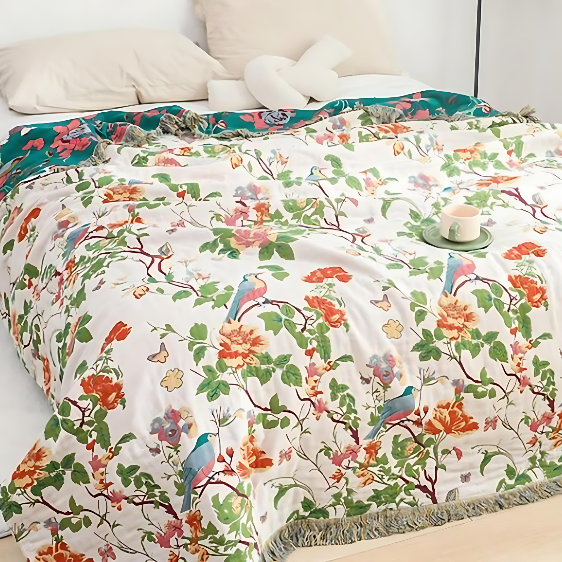 Reversible Cotton Throw Blanket - Botanic Bluebird Design for Cozy Home