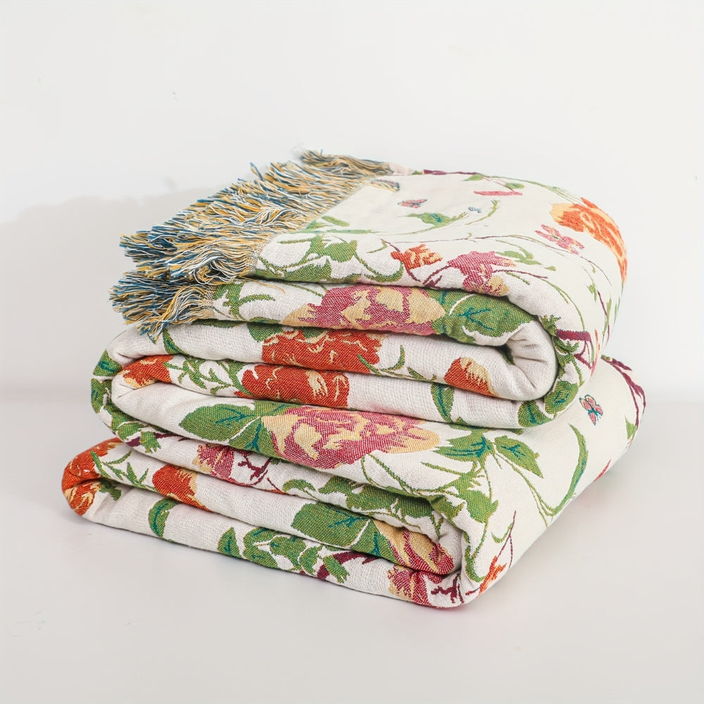 Reversible Cotton Throw Blanket - Botanic Bluebird Design for Cozy Home