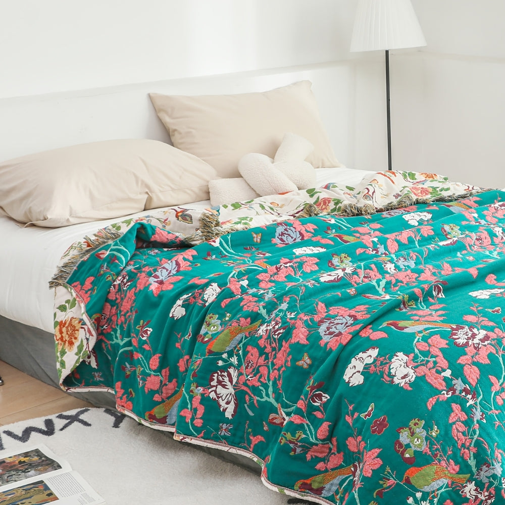 Reversible Cotton Throw Blanket - Botanic Bluebird Design for Cozy Home