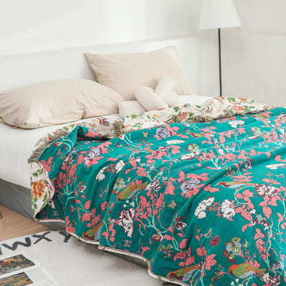 Reversible Cotton Throw Blanket - Botanic Bluebird Design for Cozy Home