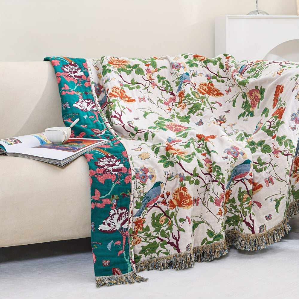 Reversible Cotton Throw Blanket - Botanic Bluebird Design for Cozy Home