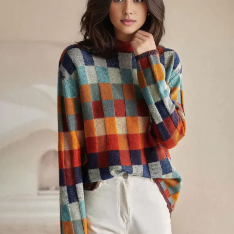 | Calveria Women’s Merino Wool Checkered Sweater