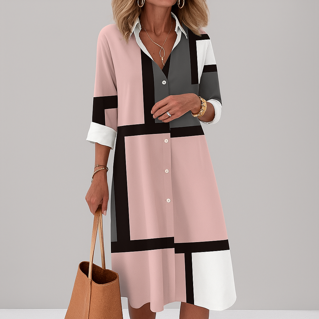 Women’s Timeless Button‑down front  Geometric Pattern Shirt Dress