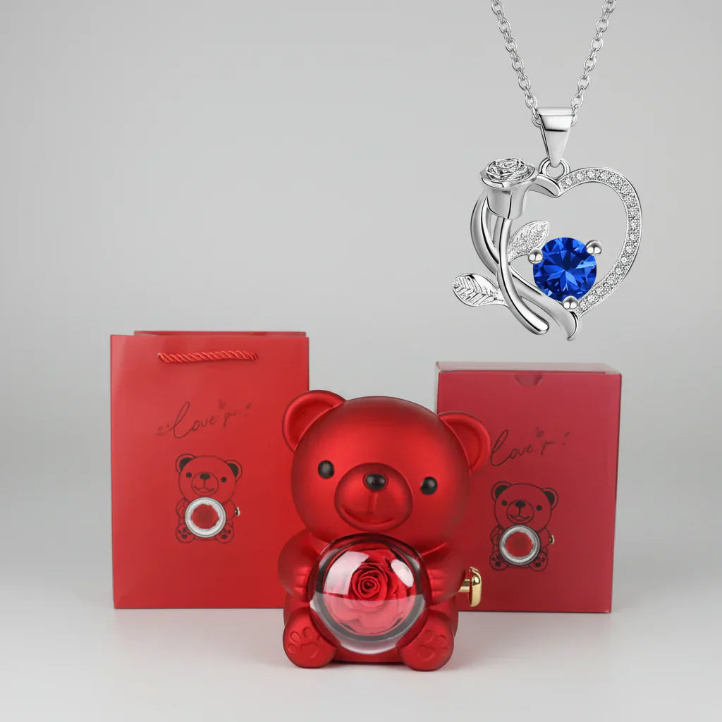 Red Heart Pendant Necklace Cute Bear Rose Gift Box