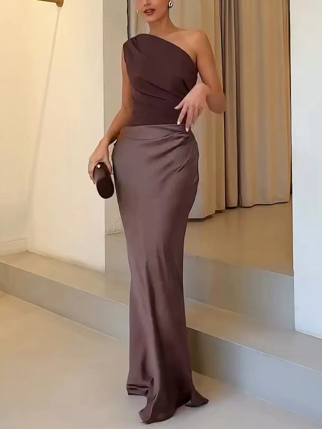 Anita™ | Refined One Shoulder Neck Pleated Party Maxi Dress