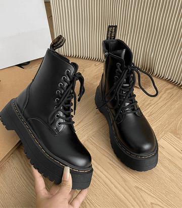 Platform Combat Boots | Black Leather Lace-Up Design