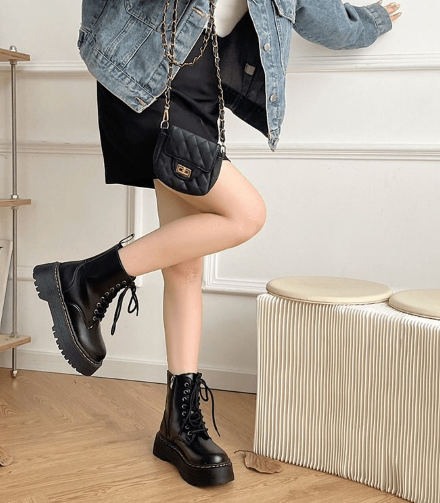 Platform Combat Boots | Black Leather Lace-Up Design