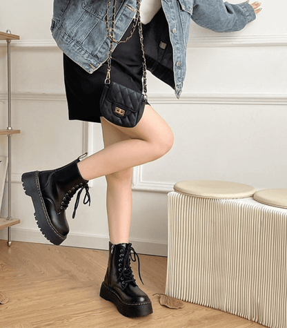 Platform Combat Boots | Black Leather Lace-Up Design