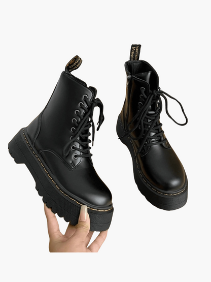 Platform Combat Boots | Black Leather Lace-Up Design