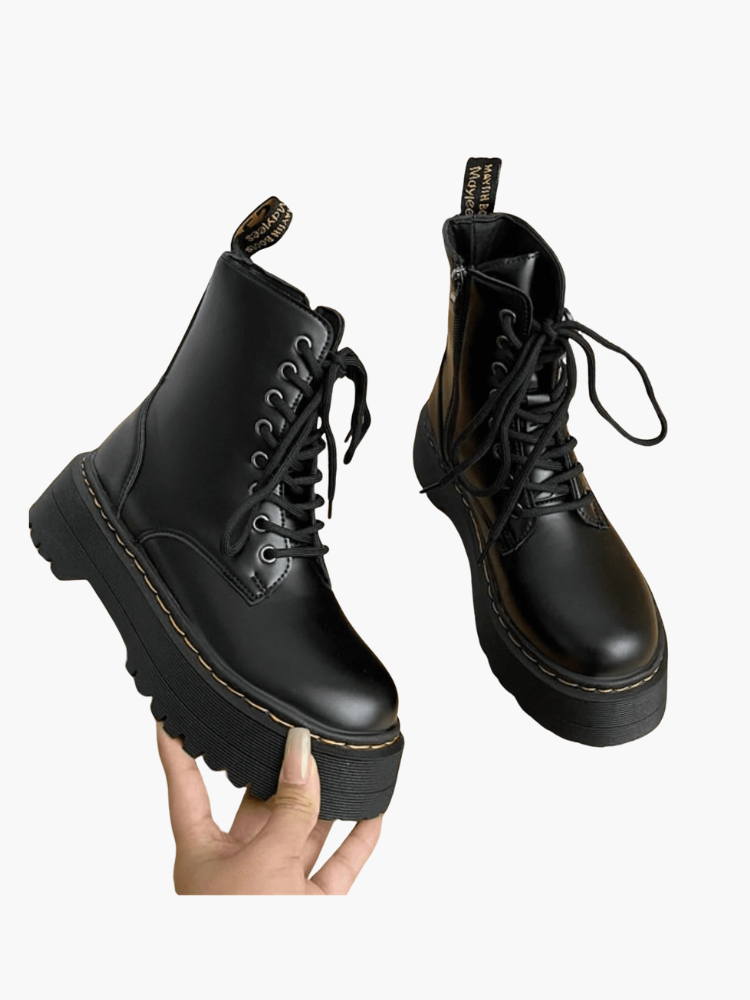 Platform Combat Boots | Black Leather Lace-Up Design